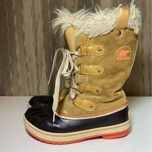 Sorel Tofino Boots Youth Girl’s 2 Brown Tan Pink Lace Up Suede Fur NY1889-373